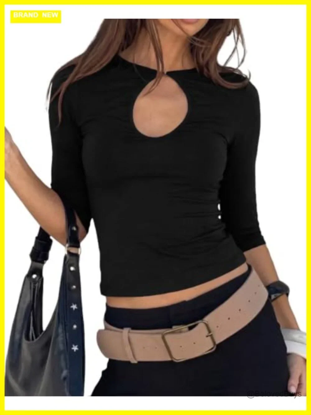 Cotton Blend 3/4 Sleeve Keyhole Cutout Crop Top Y2K Slim Fit Summer Tee